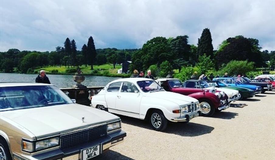 Photo shows a row of classic cars