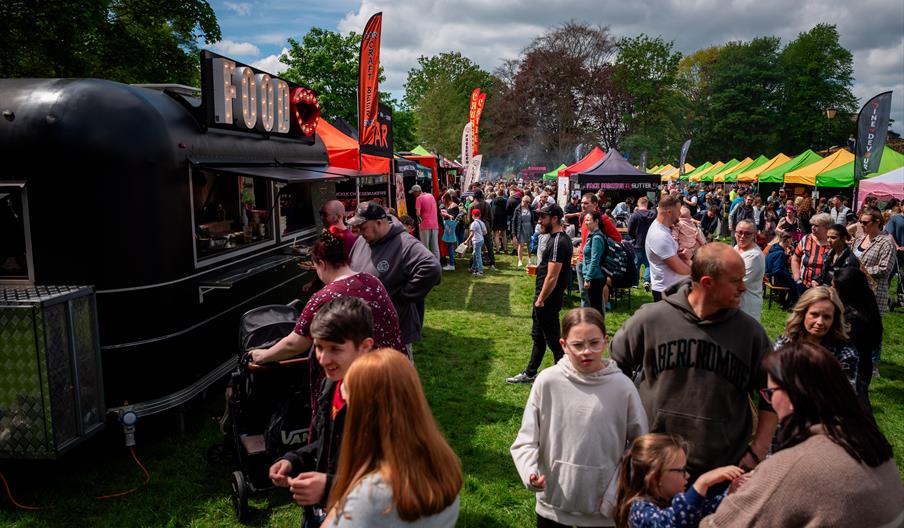 crowd of people at the food festival in Tamworth Castle grounds