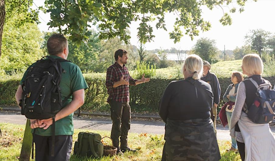 A crowd of people listen to a man speaking, while bathed in sunlight beside a big tree