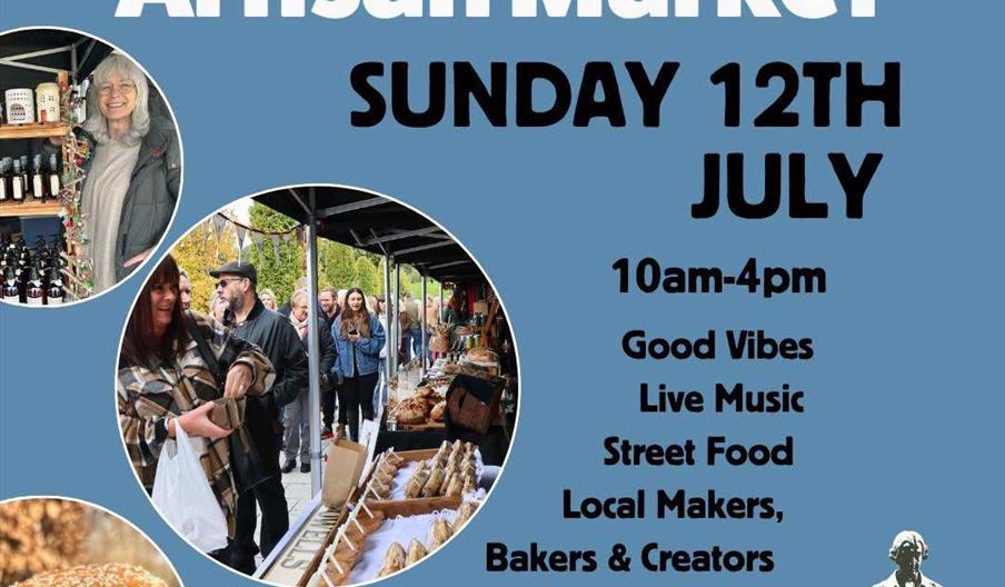 Promotional poster for the World of Wedgwood Artisan Market featuring market stalls, local makers, food vendors and a burger, with event details for 1