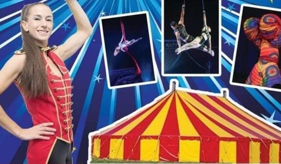 Image shows a circus performer beside a big top, with smaller frames showing acrobats and other acts