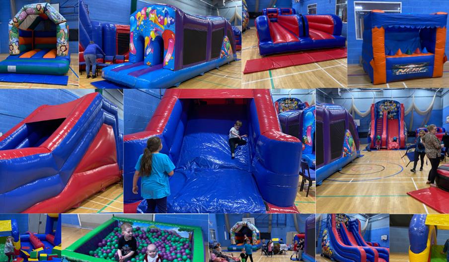 A montage of children enjoying the inflatable play equipment in a leisure centre