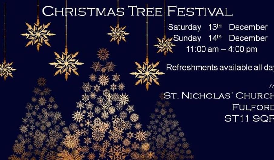 A dark blue festive banner for the Christmas Tree Festival featuring gold snowflake ornaments hanging from the top and stylized Christmas trees made o