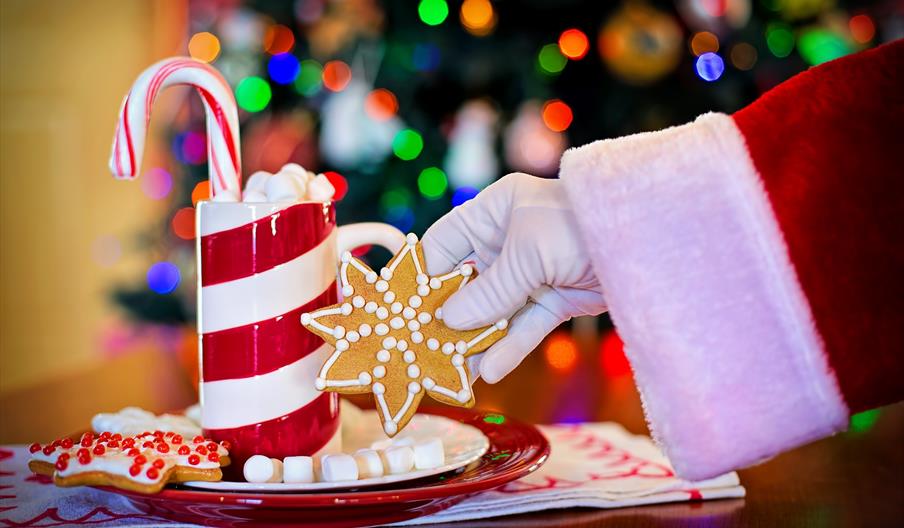 Santa, about to tuck into a festive-looking cookie and hot chocolate