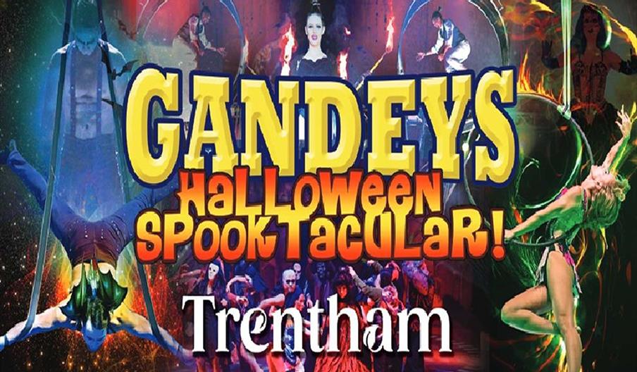A graphic for the Halloween Spooktacular, with dancers, acrobats and trapeze artists performing incredible stunts