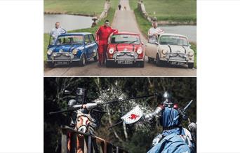 images of The Britalian Job (3 mini's and their drivers) and The Knights of Albion (Knights jousting on horses)