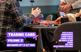 Details of the event, imposed on an image of two players at a table, and another standing behind one of them with a pack of cards in hand