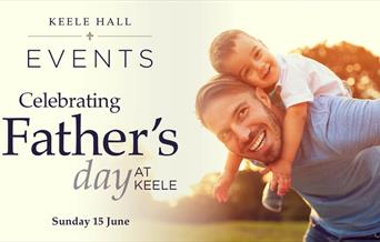 Image shows a dad giving his son a piggy back on the right, with details of the event on the left