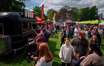 crowd of people at the food festival in Tamworth Castle grounds