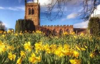 A picture of a church on a sunny day, with daffodils blooming in front of it