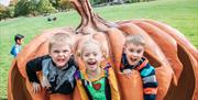 Three children hide in a giant pumpkin