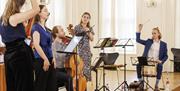Five musicians, including a drummer and a cellist, in practice for their next performance