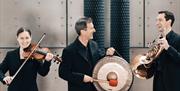 Three musicians, one with a violin, one with a tuba, and the other with what looks like a cymbal