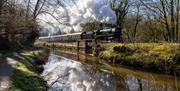 A chugging steam train passes by a river on a sunny day