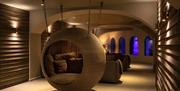 One of the spa pods at Hoar Cross Hall - a large sphere with cushions and mattress, offering private space for relaxing between treatments