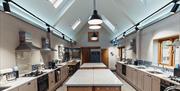 Image shows the kitchen at Perry's Field to Fork, ready for action before guests arrive