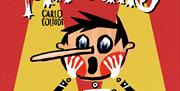 Image of a cartoon character, with black hair and red cheeky and a very long nose. The character is holding it's hands to it's face with a surprised l