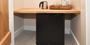 The fridge and tea & coffee making facilities in Room 3 at The Royal Oak