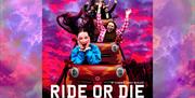 Poster showing people riding in red roller‑coaster cars with a dramatic pink and purple sky behind them, with the title “Ride or Die” at the bottom.