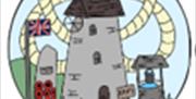 Werrington Parish logo featuring a stone windmill surrounded by countryside scenes, with village landmarks and symbols within a circular design.