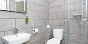 Image of a bathroom showing the shower, sink and toilet