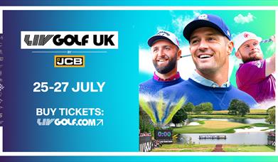 A graphic showing the dates and web address of the LIV Golf UK by JCB event, and featuring some of the golfing superstars who will be competing.