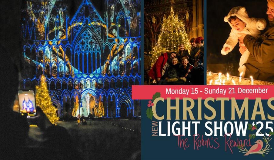 Christmas light show poster featuring a lit-up cathedral, a festive crowd around a tree, and a baby and parent lighting candles. Event runs 15–21 Dece Christmas light show poster featuring a lit-up cathedral, a festive crowd around a tree, and a baby and parent lighting candles. Event runs 15–21 Dece