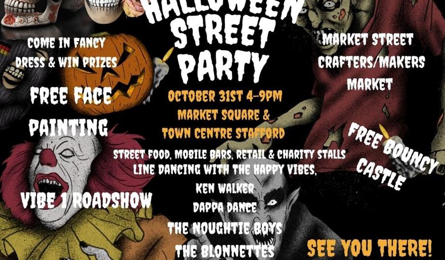 A graphic promoting the event with details of the date, time and venue, and spooky characters like clowns and vampires A graphic promoting the event with details of the date, time and venue, and spooky characters like clowns and vampires